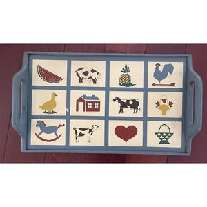 1980s Solid Pine Painted Tray With Decorative Patchwork, Country Folk Art Images